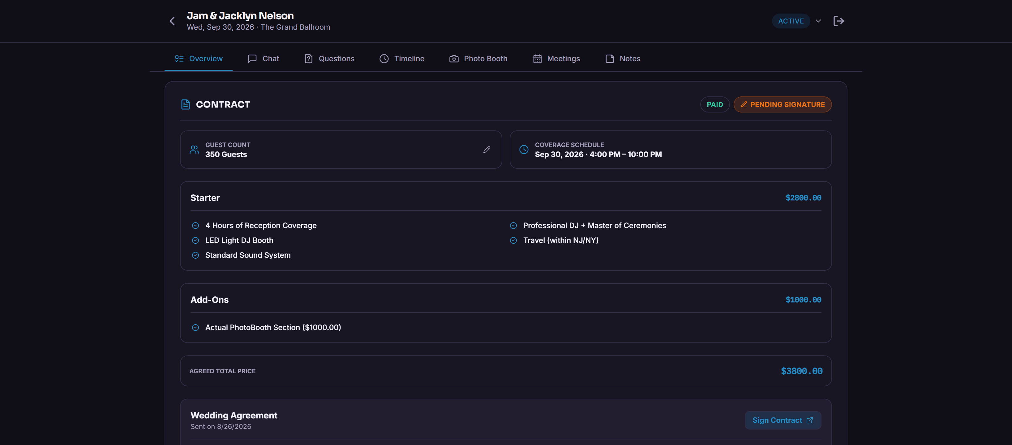 Screenshot of a contract showing a deposit and balance due date, next to a payment collection screen