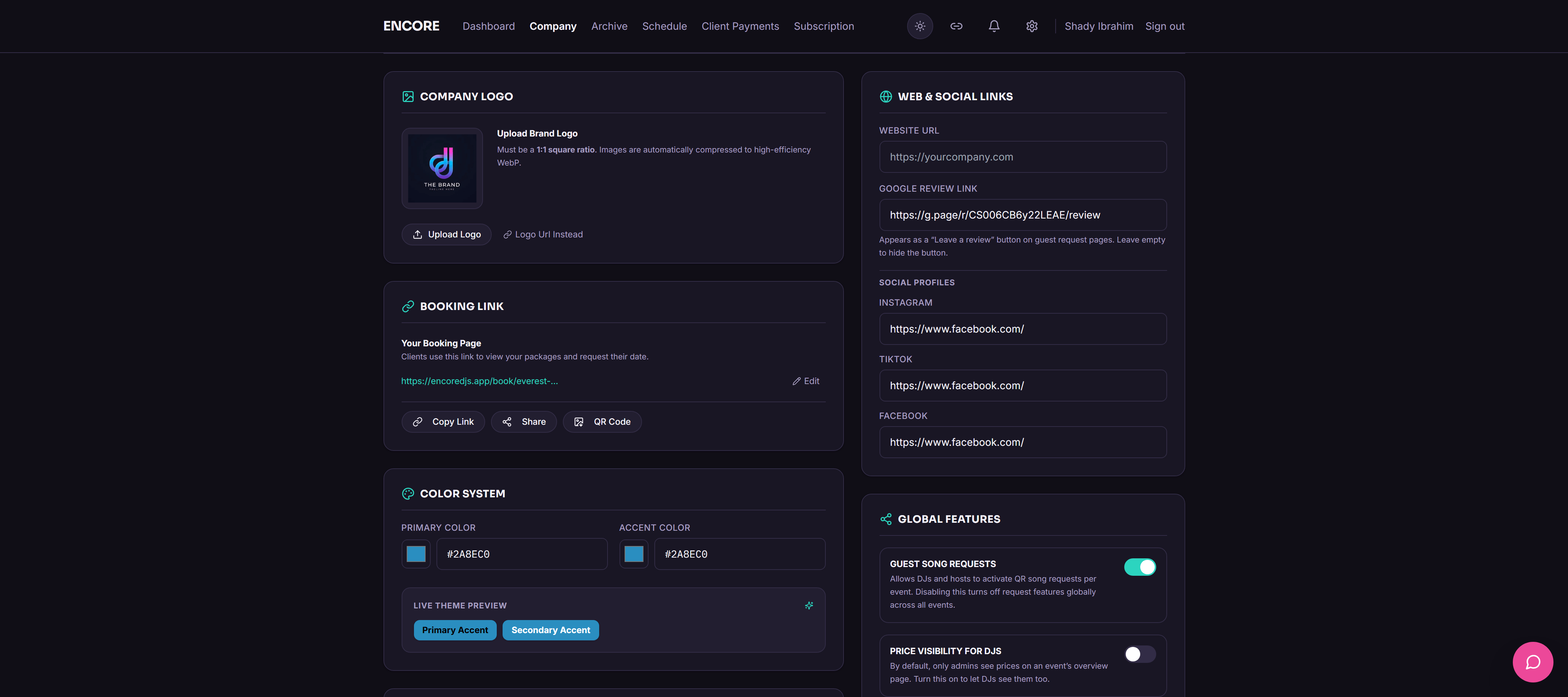 Side-by-side screenshot comparing the default Encore portal styling to a fully custom-branded portal with a company logo and colors applied