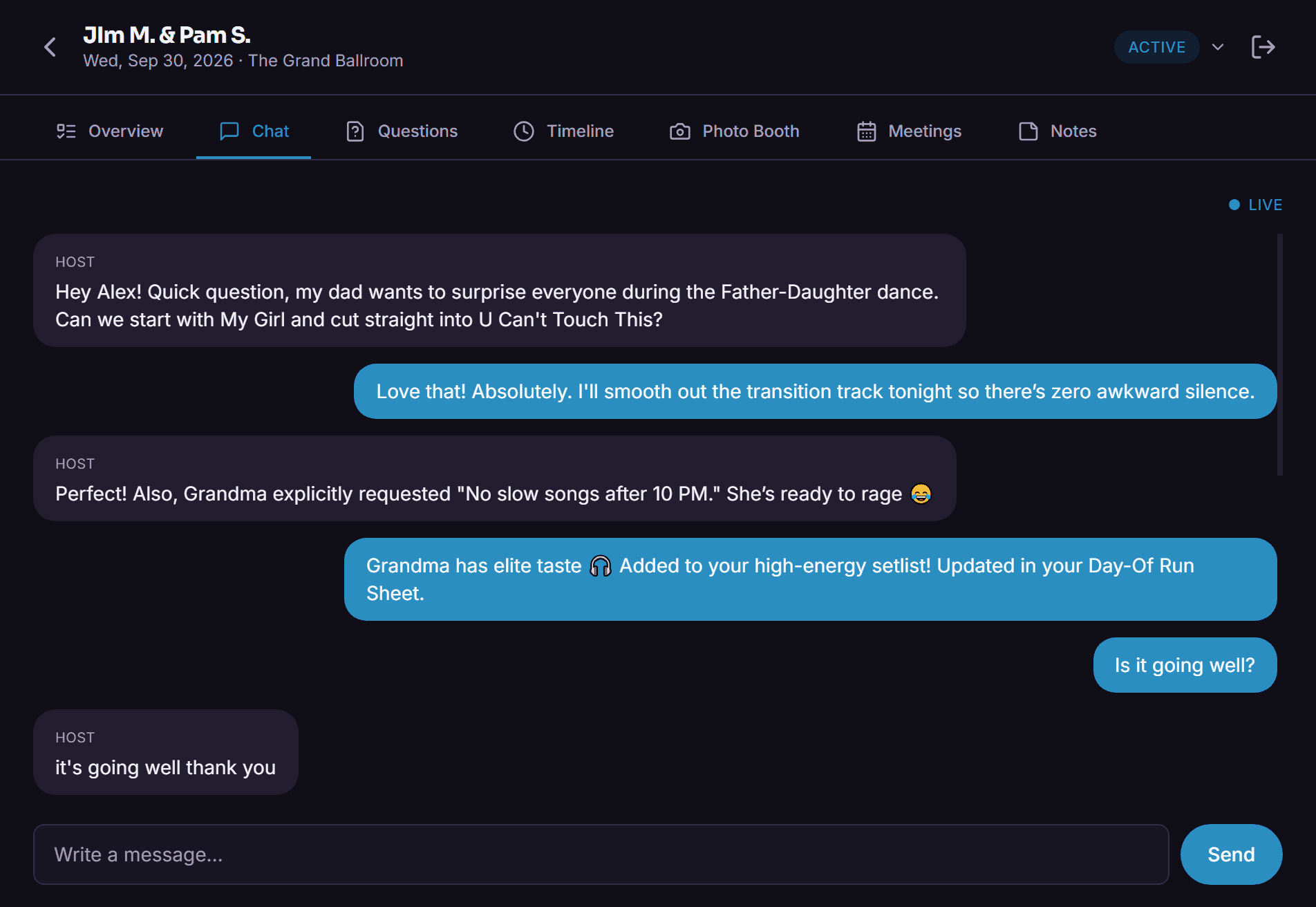 Screenshot of a host chat thread showing a DJ and host discussing a run-sheet detail, with the company’s branded header visible