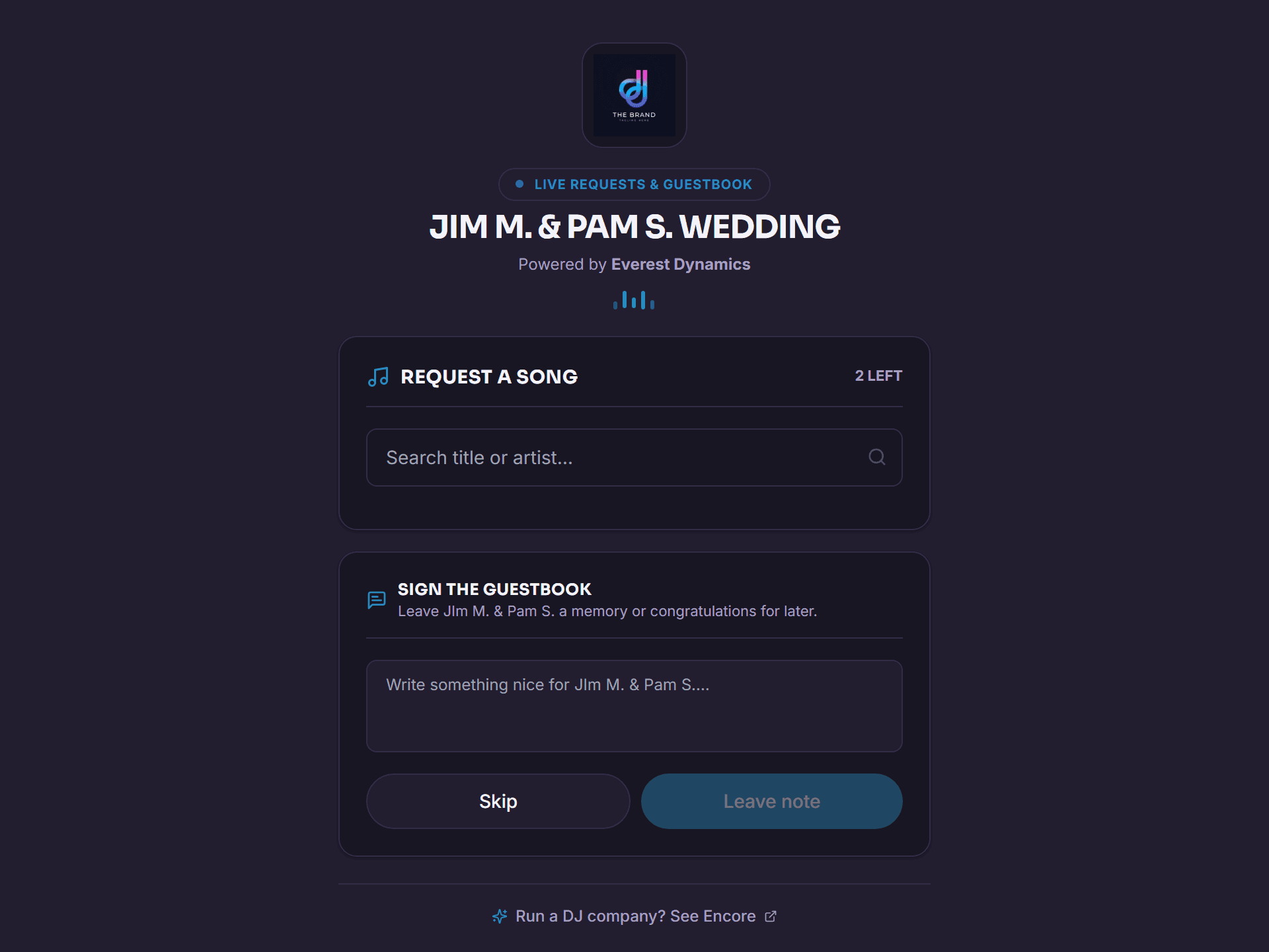 Screenshot of the guest-facing song request page on a phone, showing the QR entry screen and a submitted request confirmation