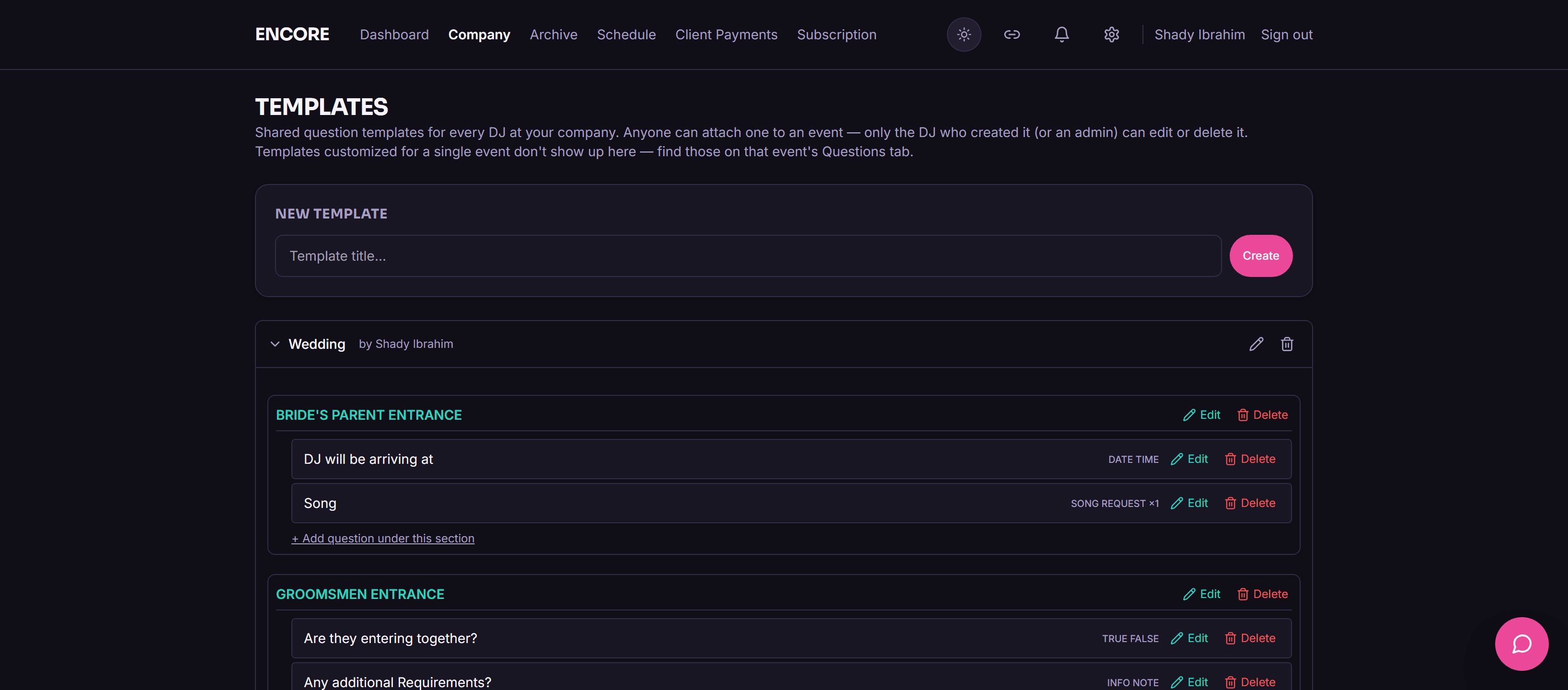 Screenshot of the template builder showing a saved planning questionnaire template being applied to a new event