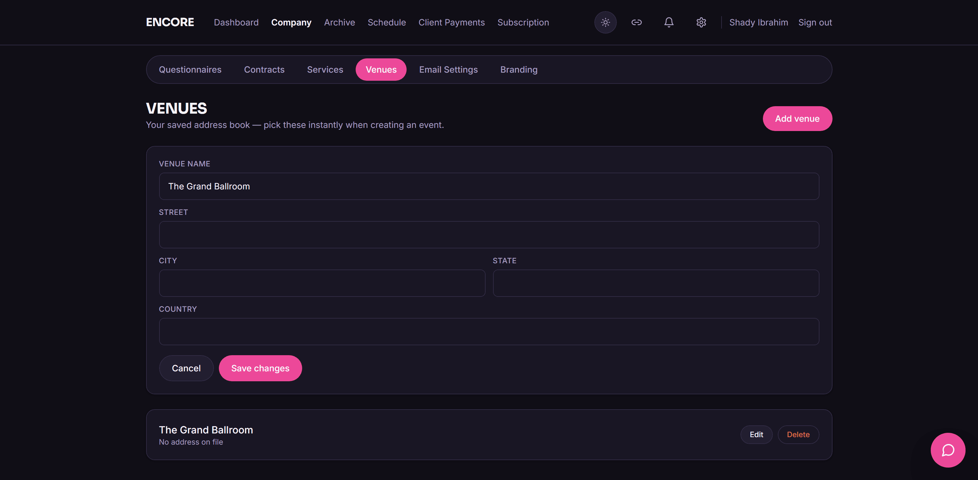 Screenshot of a saved venue profile showing load-in notes, parking instructions, and power access details