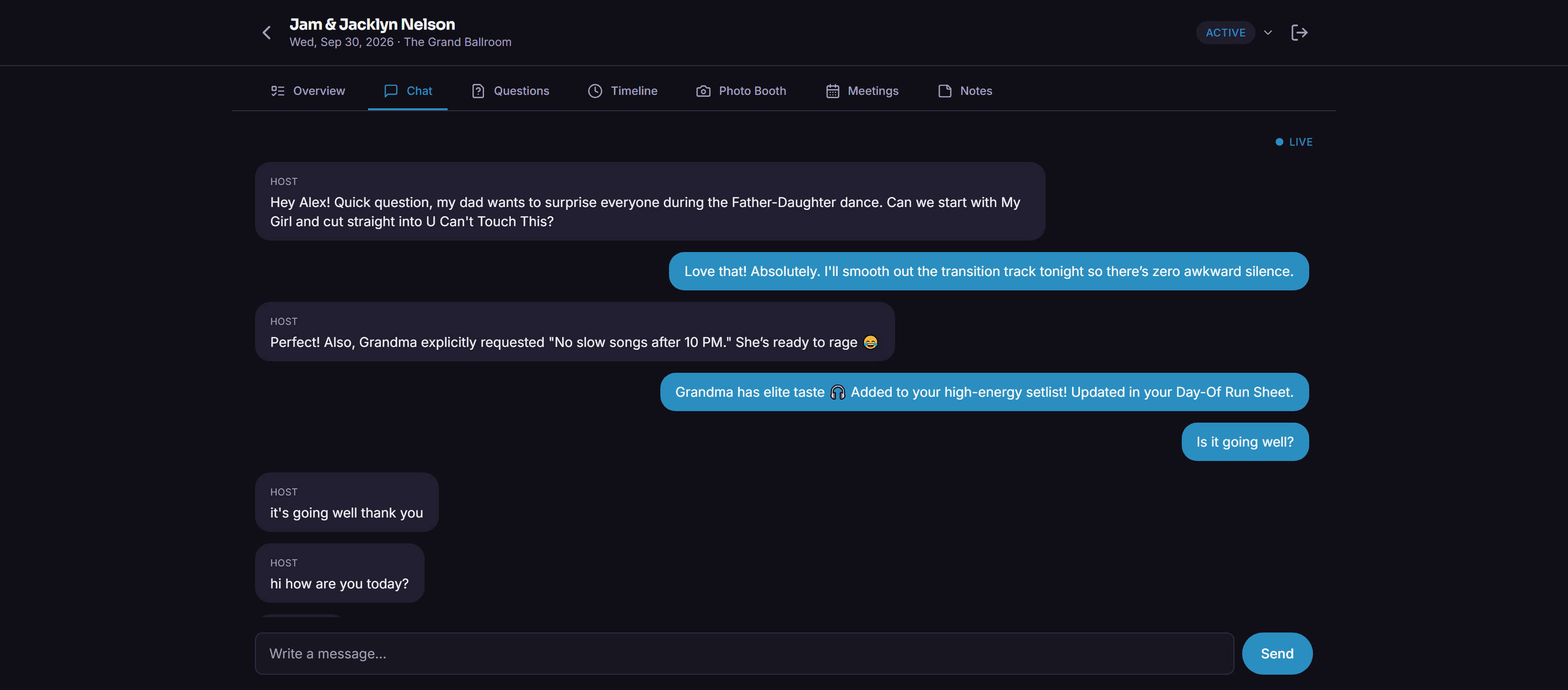 Split screenshot comparing a cluttered personal text thread to an organized, branded host chat conversation tied to one event