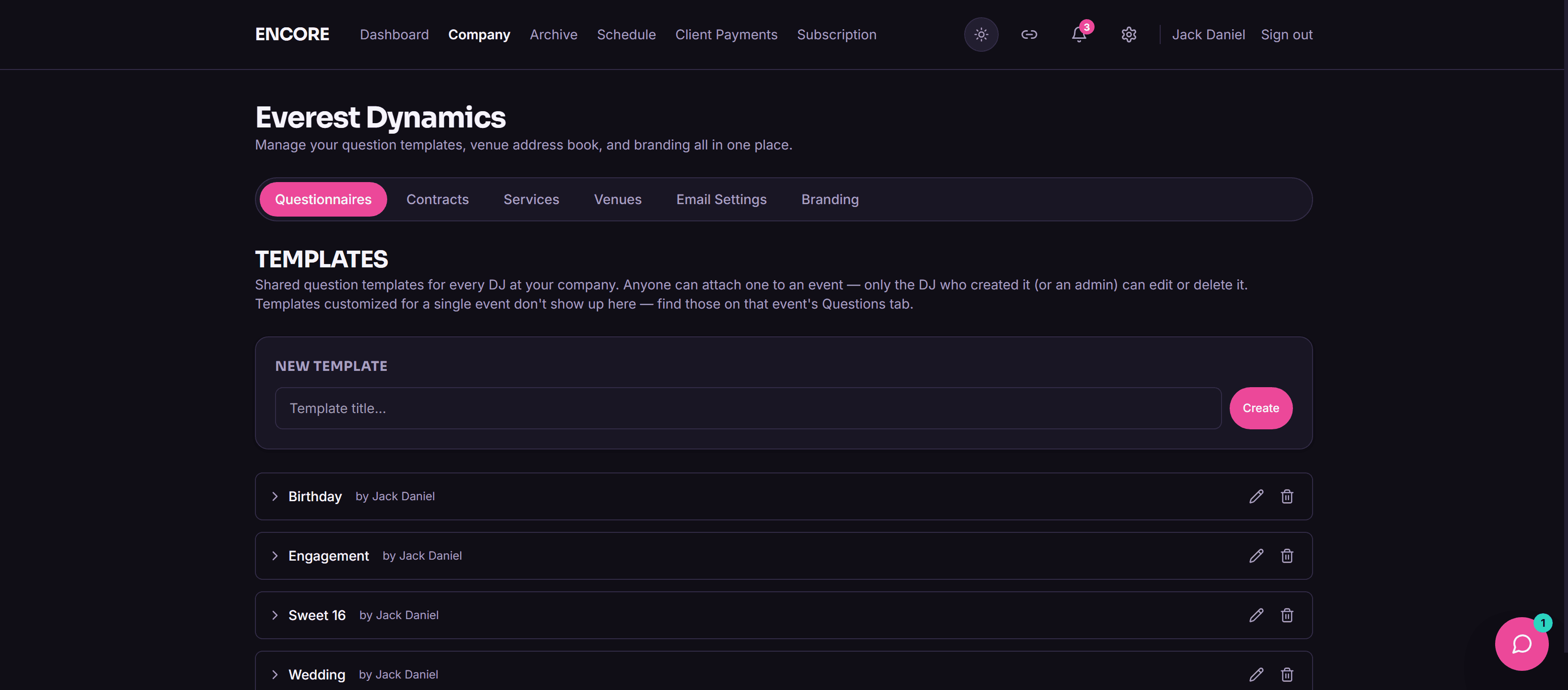 Screenshot of a template library showing separate templates for weddings and corporate events