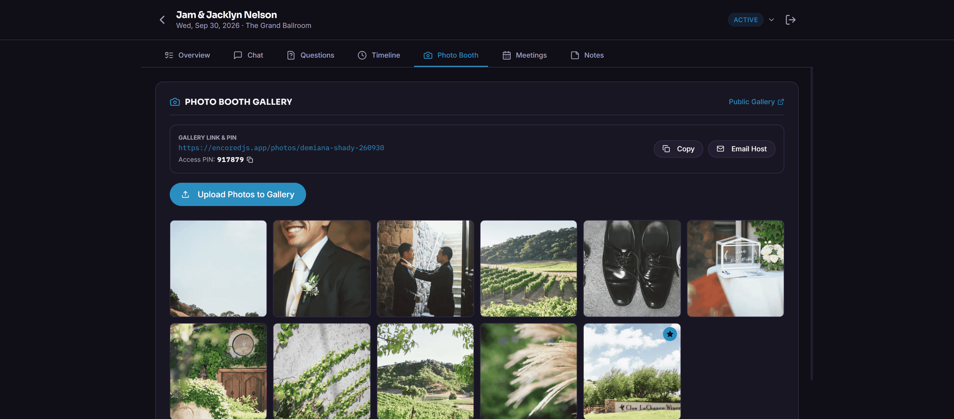 Screenshot of a public photo booth gallery link open on a phone, showing a grid of guest photos