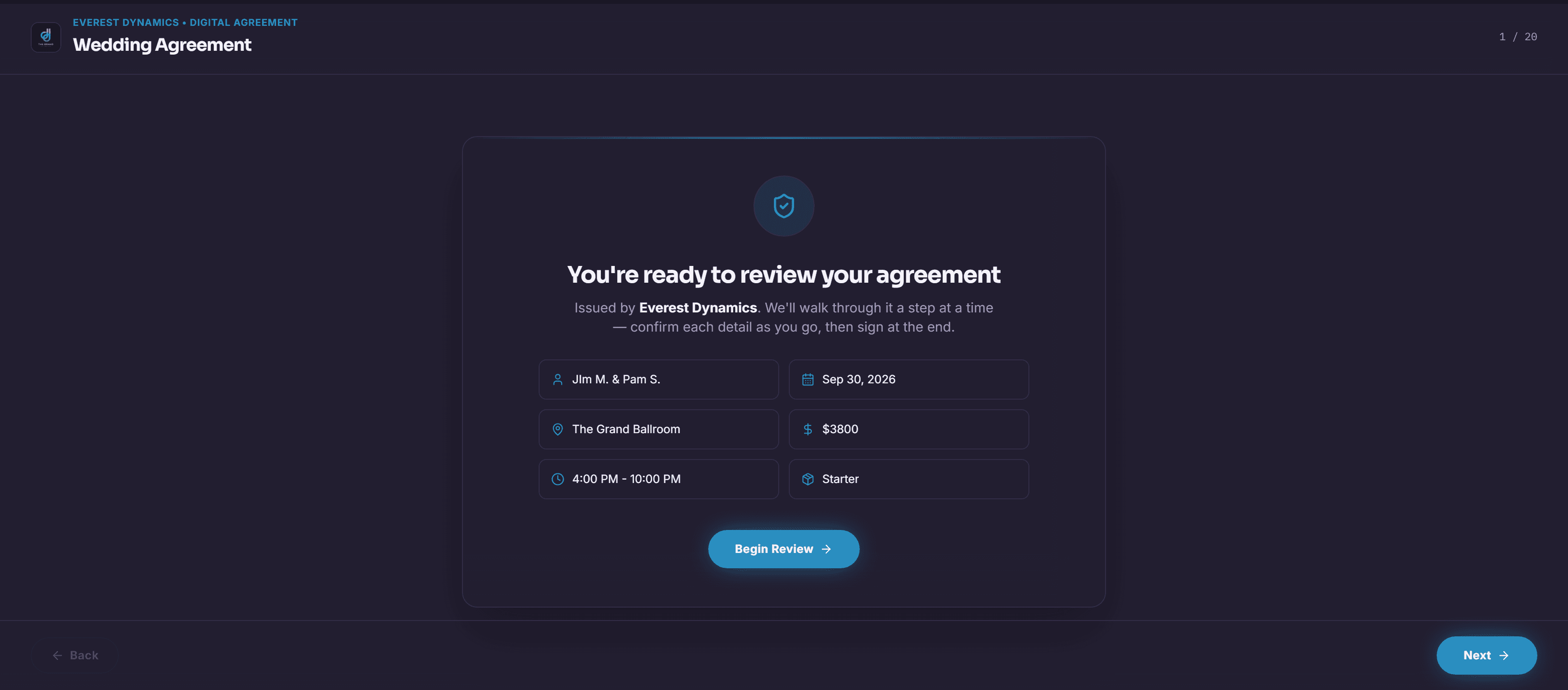 Screenshot of a contract being signed from the host portal, showing dynamic pricing fields and a signature capture step