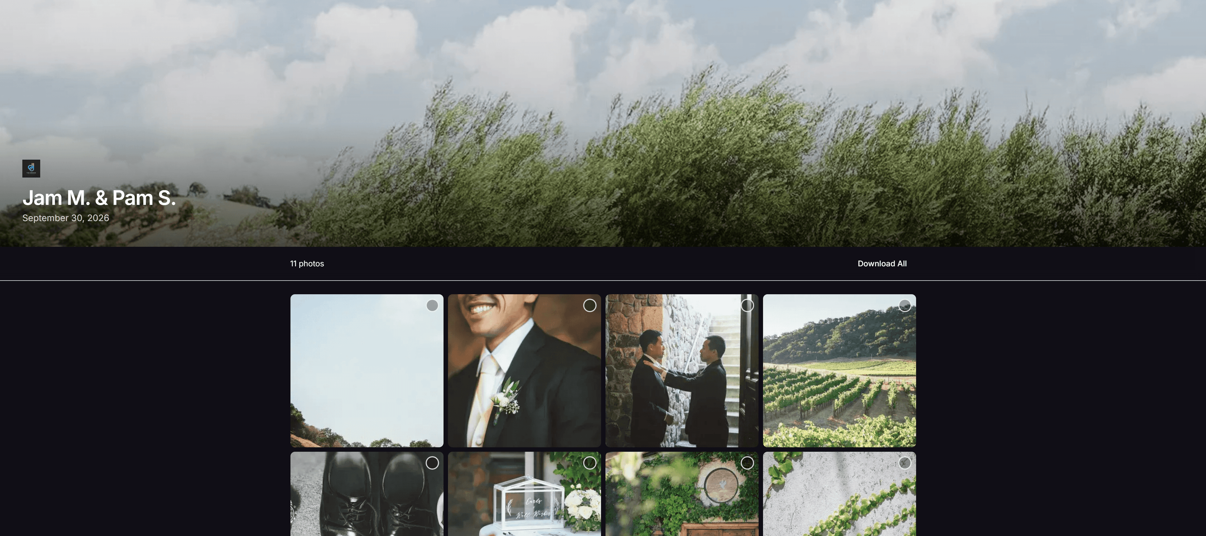 Screenshot of a public photo booth gallery page on mobile, showing a grid of event photos and a download option