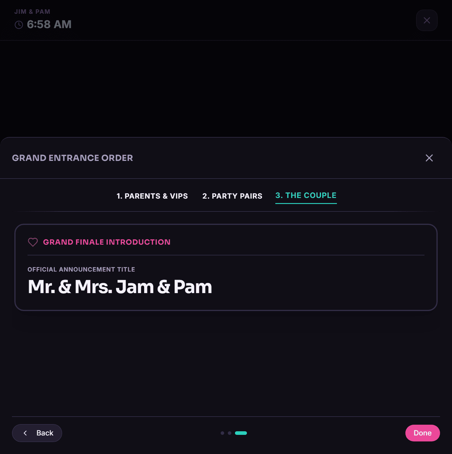 Screenshot of the VIPs & Grand Introductions builder on the event Timeline tab, showing a wedding party walking order list
